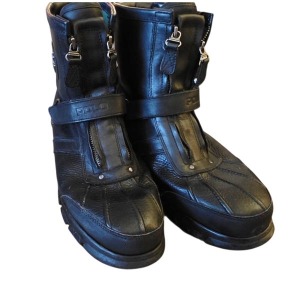 Polo Ralph Lauren Conquest Hi III Leather Combat Black Work Boot Outdoor Chunky - Picture 2 of 8